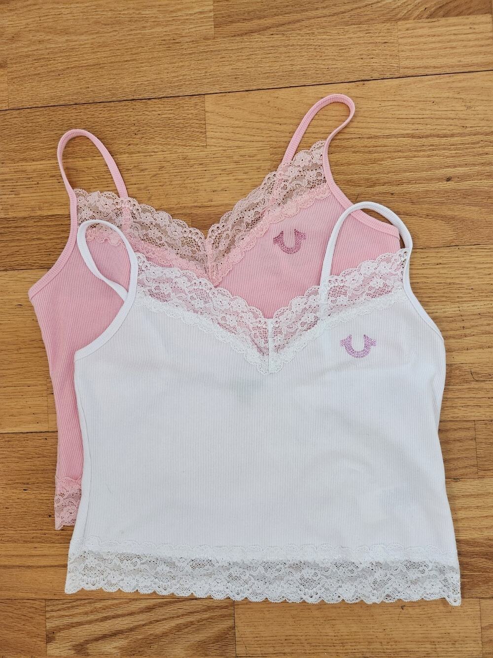 Lot Of 2 True Religion Cami Tank Tops Sz Large Crystal Embroidery Lace Ribbed